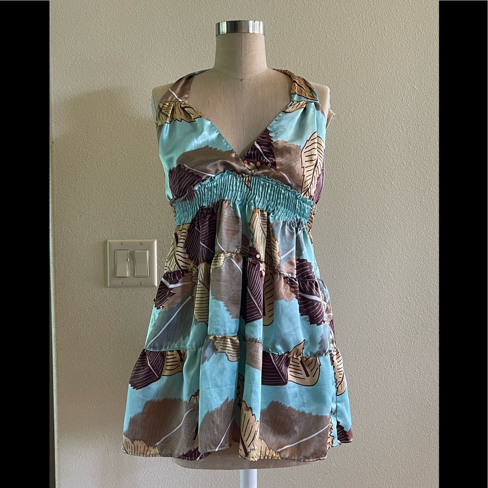 Halter Top Teal with Leaf Print